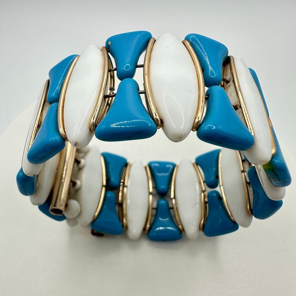 Western Germany vintage blue white milk glass gold tone beaded wrap bracelet